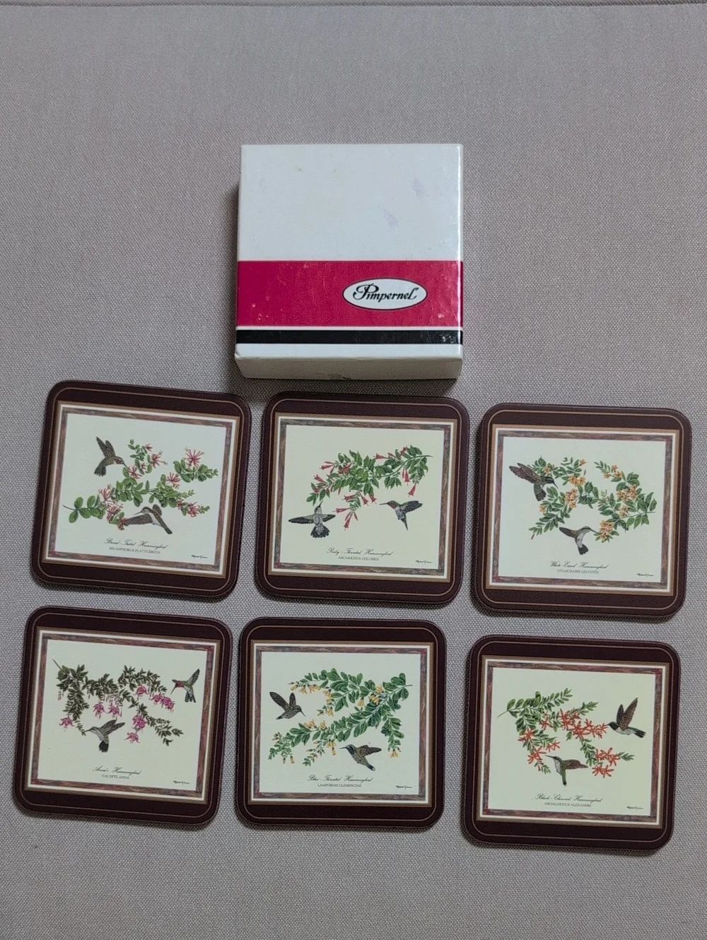 Vintage Pimpernel Coasters Set of 6 Hummingbird Floral Designs Made in England
